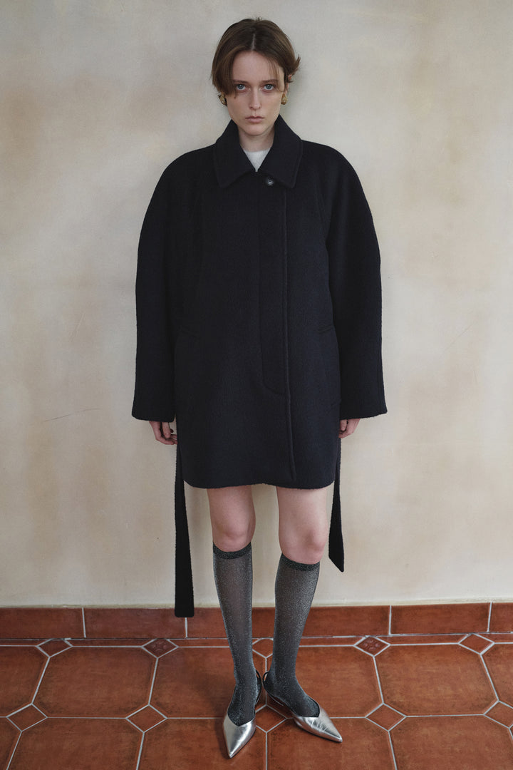 Overdueflair Volume Sleeve Wool Half Coat Navy