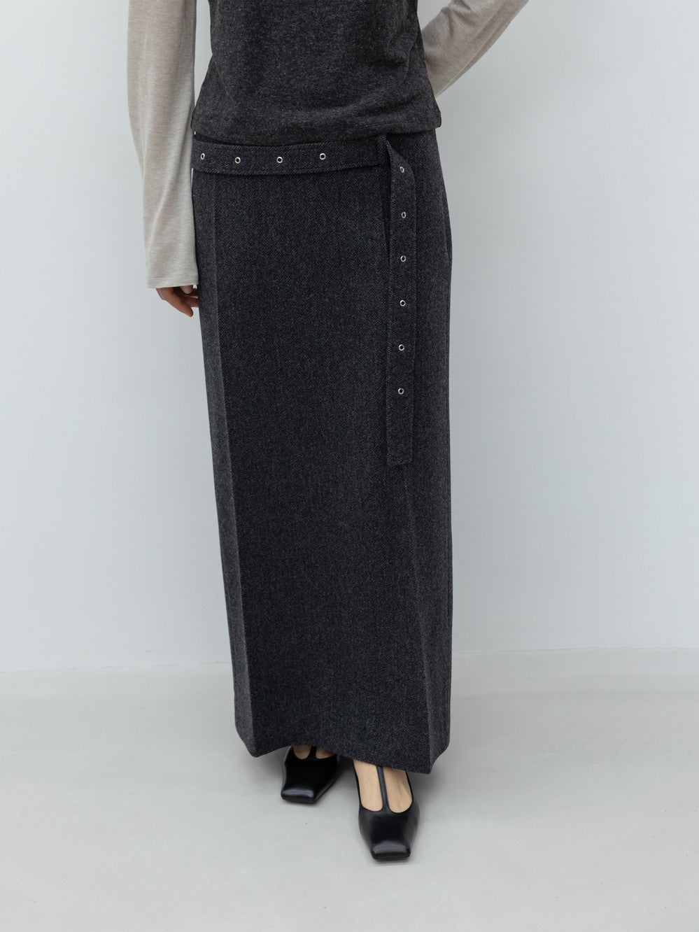 Low Classic Belted Maxi Wool Skirt Grey