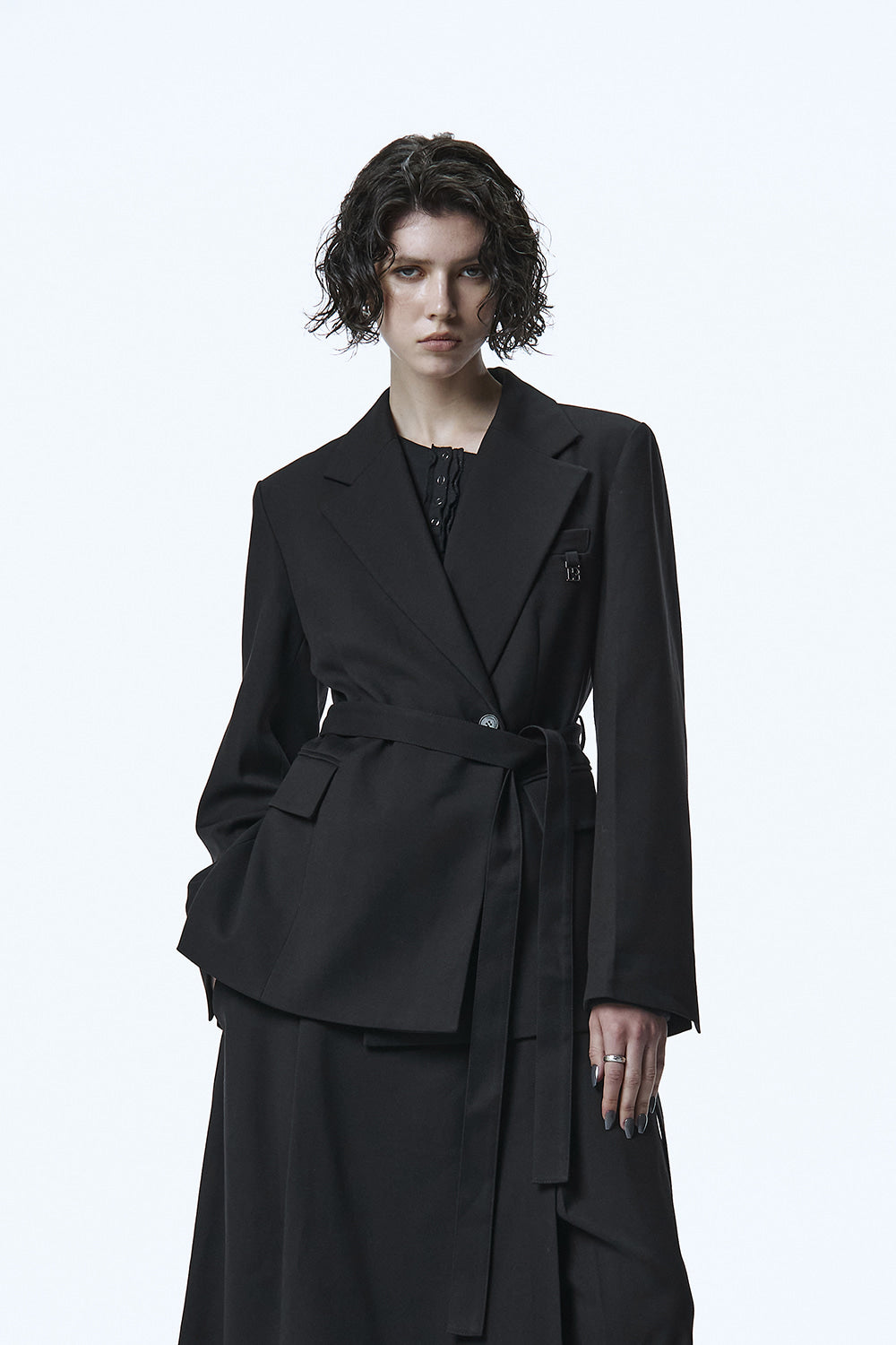 Treemingbird Belted Tailored Set-up Jacket Black