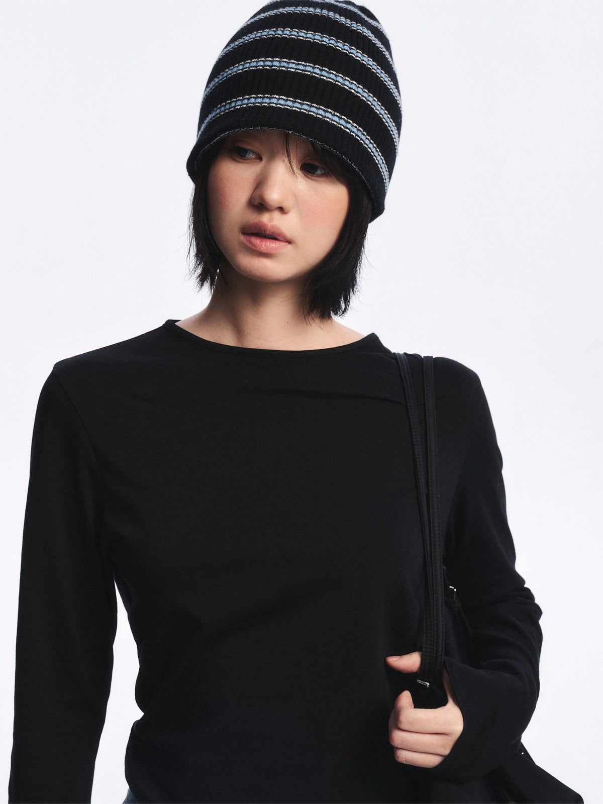 Low Classic Wool Cash Blend Striped Beanie Charcoal Grey
