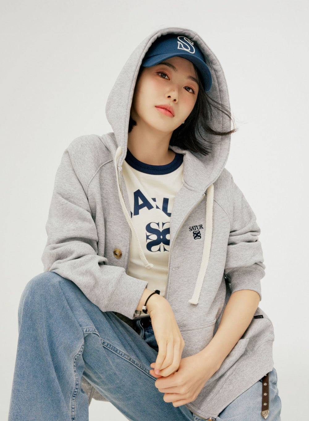 satur Loren Small Logo Hood Zip-up - Melange Gray