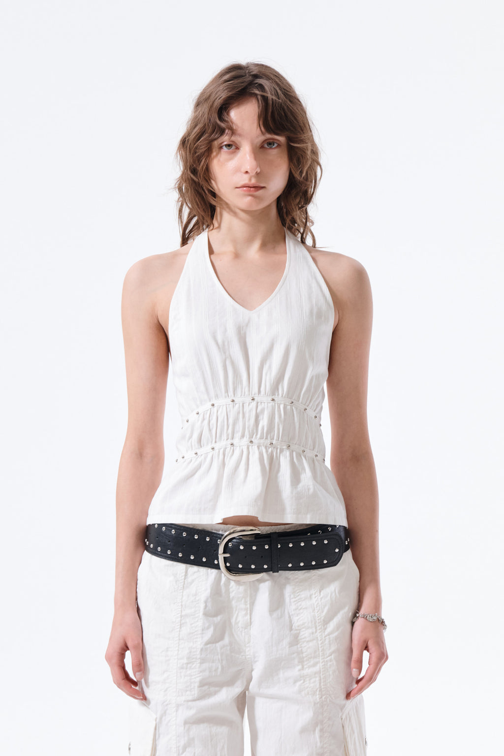 [matinkim] Halter Neck Shirring Blouse IN White