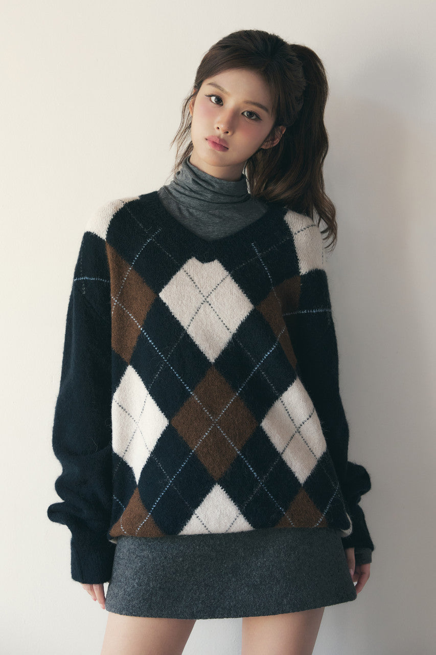Dunst Unisex Hairy Alpaca Argyle Sweater Navy
