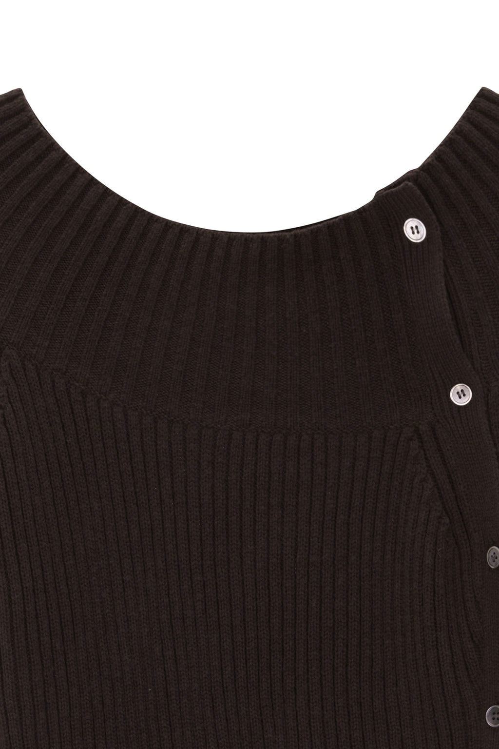[matinkim] ONE SHOULDER BUTTON POINT KNIT DRESS IN DARK BROWN
