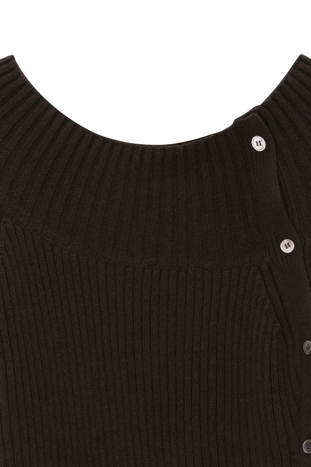 [matinkim] ONE SHOULDER BUTTON POINT KNIT DRESS IN DARK BROWN
