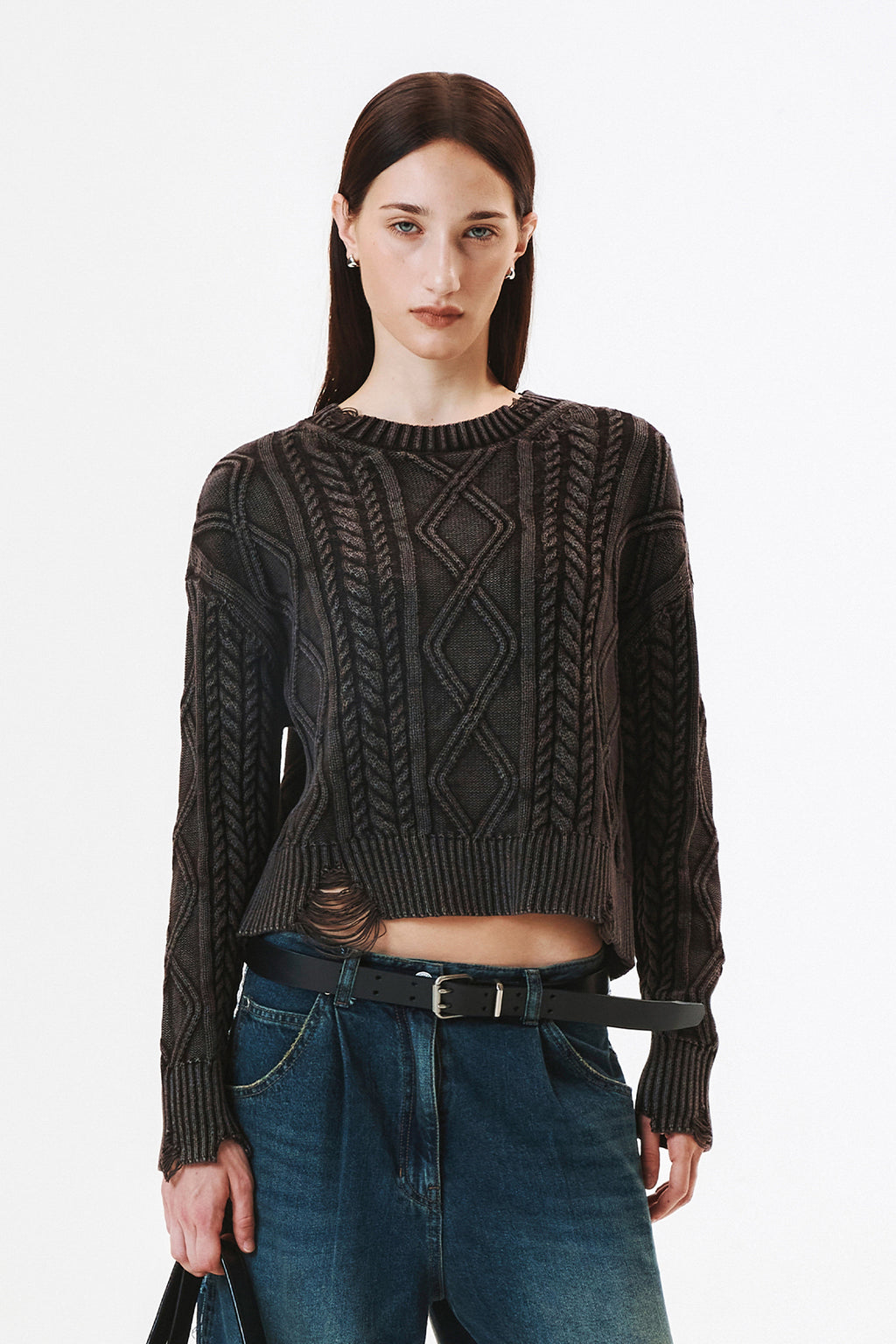 [matinkim] Washed Cable Pullover IN Dark Brown