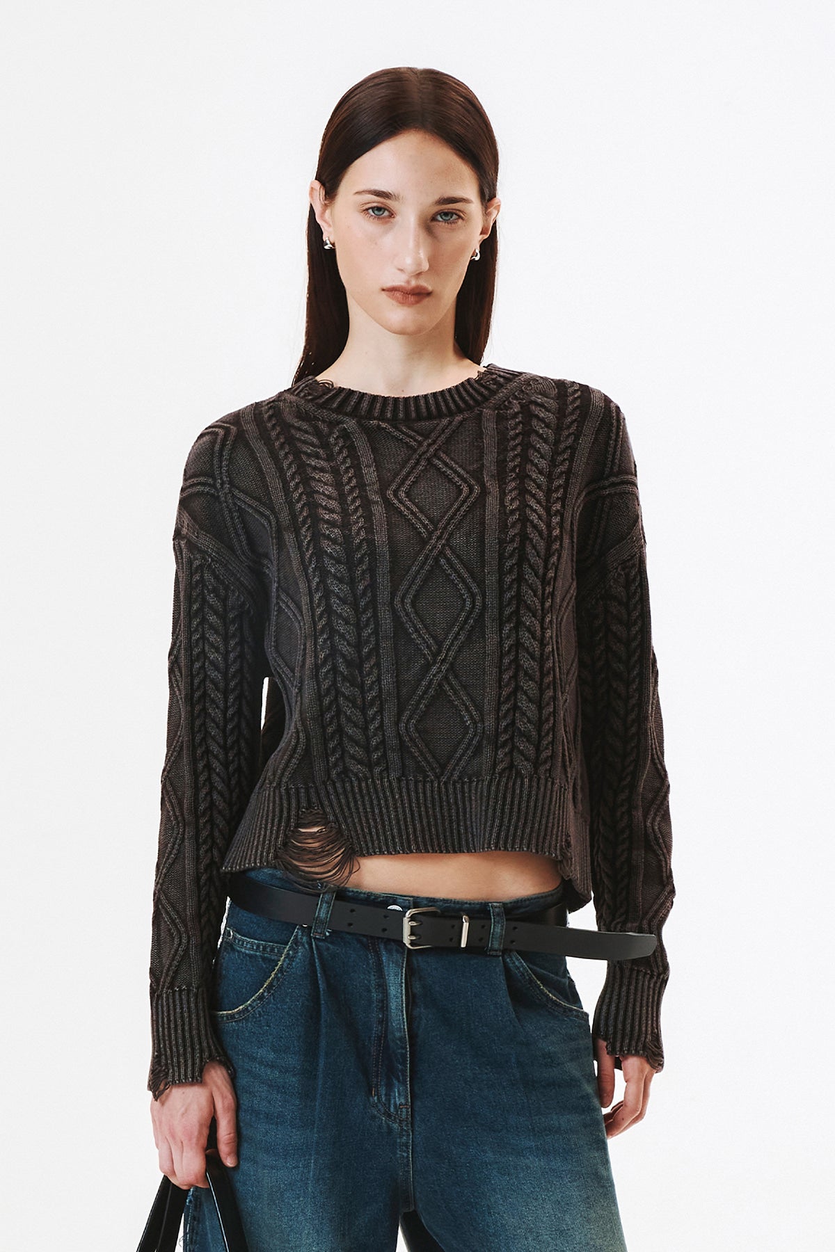 [matinkim] Washed Cable Pullover IN Dark Brown