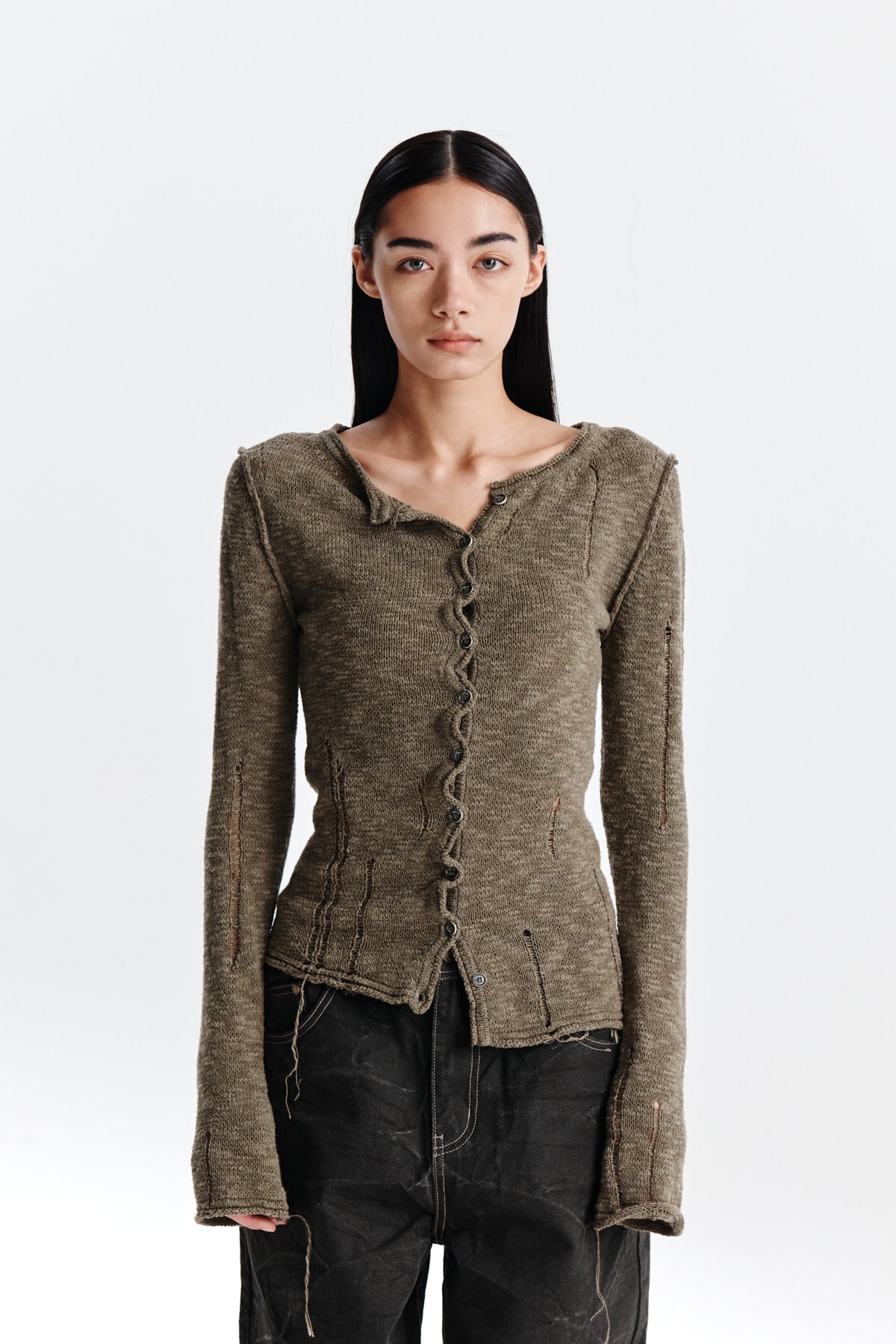 [matinkim] UNBALANCE BUTTON DETAIL CARDIGAN IN KHAKI