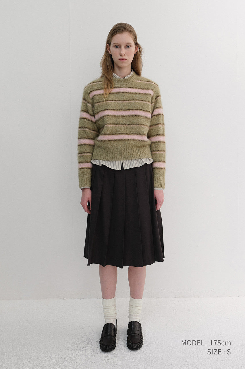 Dunst Unisex Striped Hairy Sweater Olive Pink