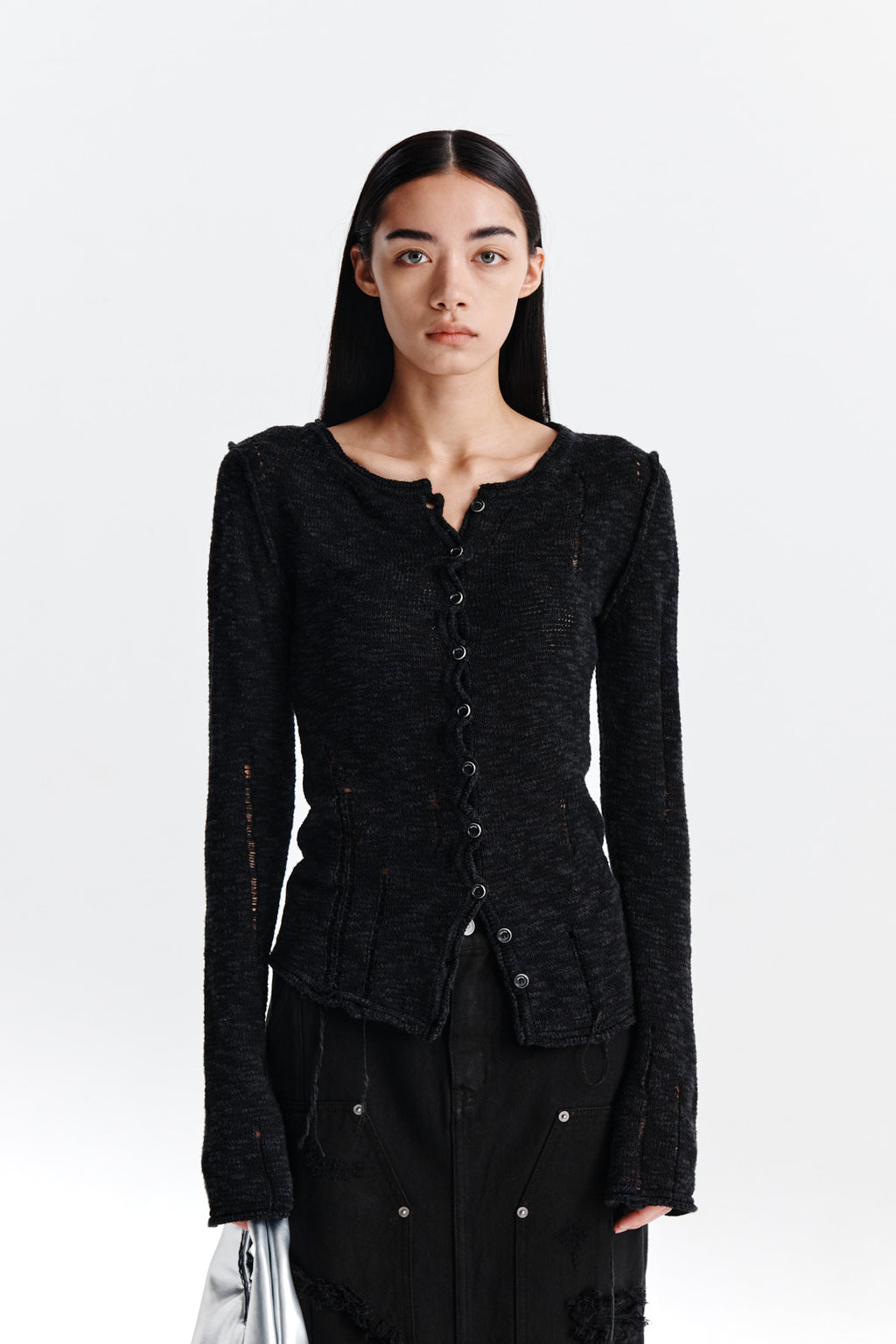 [matinkim] UNBALANCE BUTTON DETAIL CARDIGAN IN BLACK