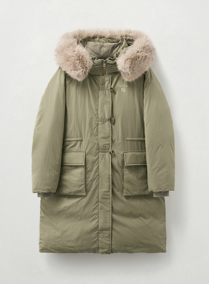 Satur (W) Synthetic Fur Collar Hood Long Down - Khaki