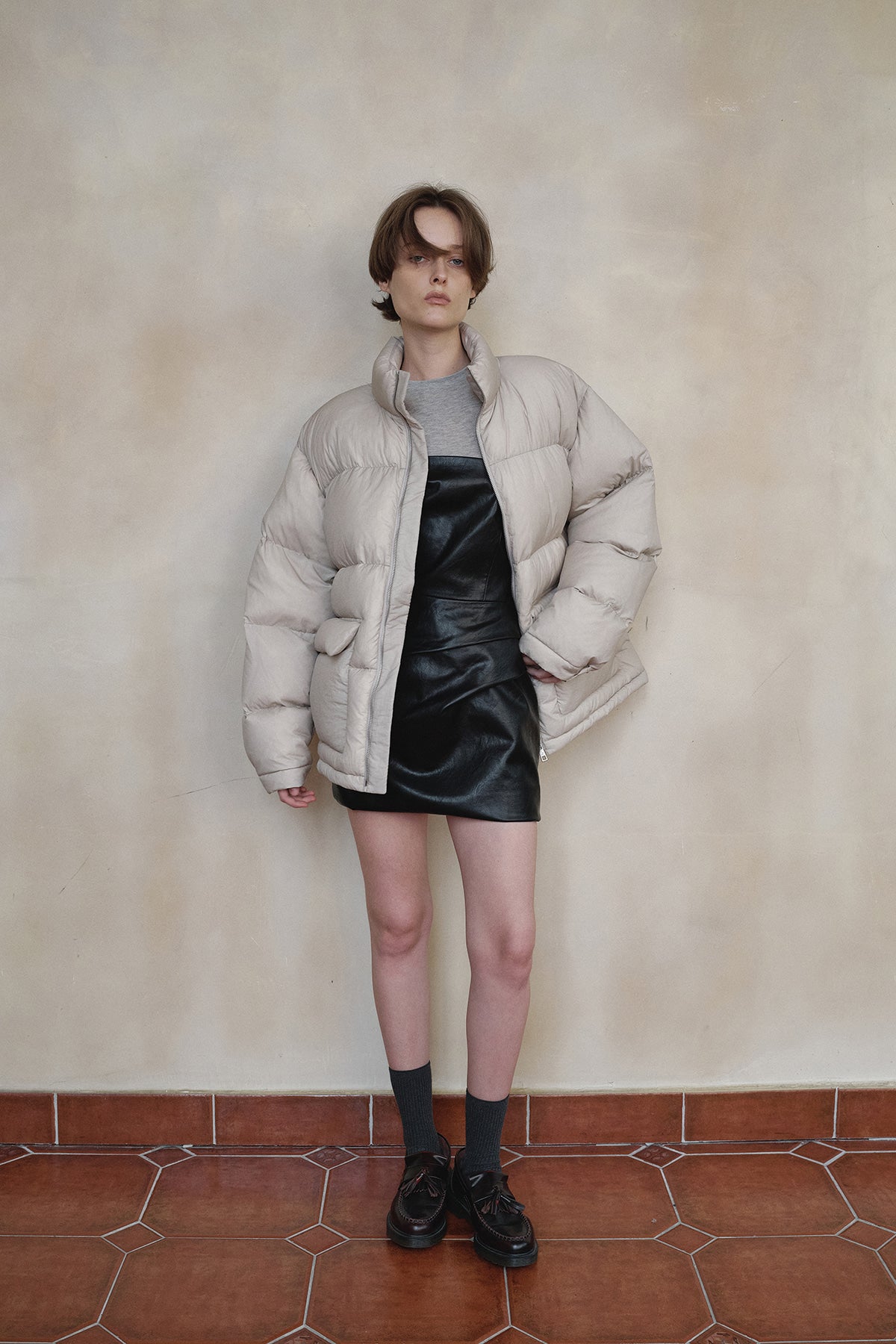 Overdueflair Sheer Quilted Down Jumper Light Beige
