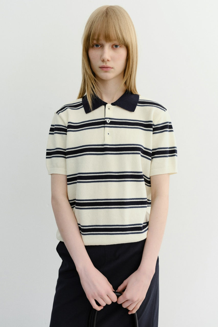 Dunst Unisex Multi Striped Polo Knit Cream Navy