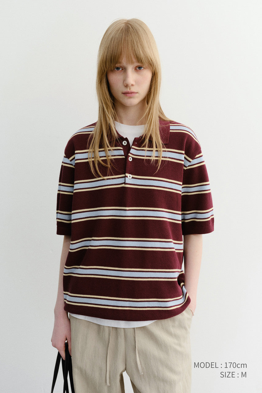 Dunst Unisex Multi Striped Polo Knit Burgundy Sky Blue