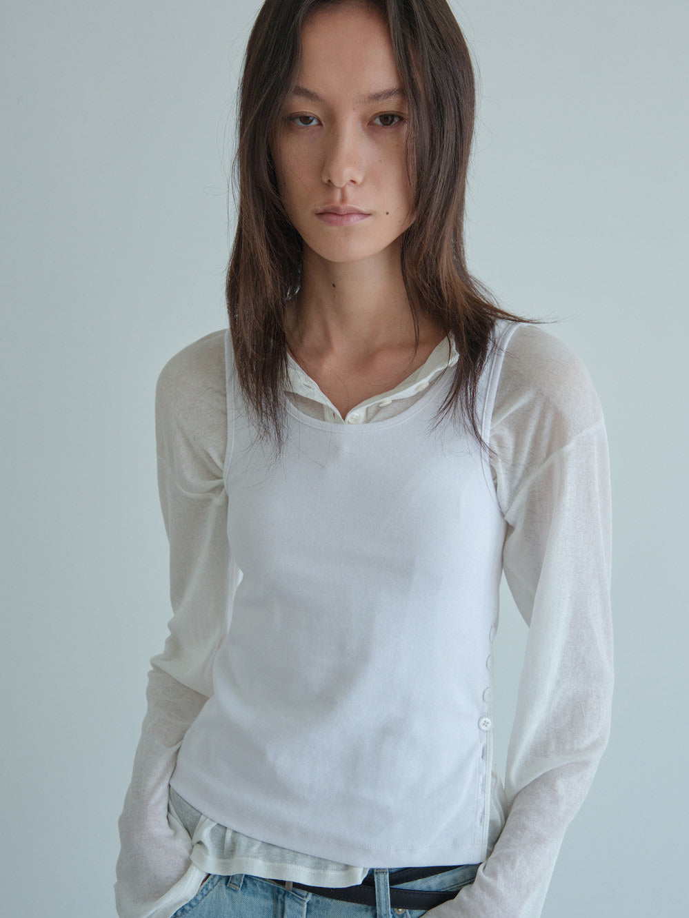 Low Classic Side Button Sleeveless Top White