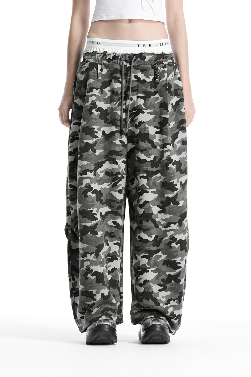 Treemingbird Camo Double Waist Sagging Sweat Pants Light Gray
