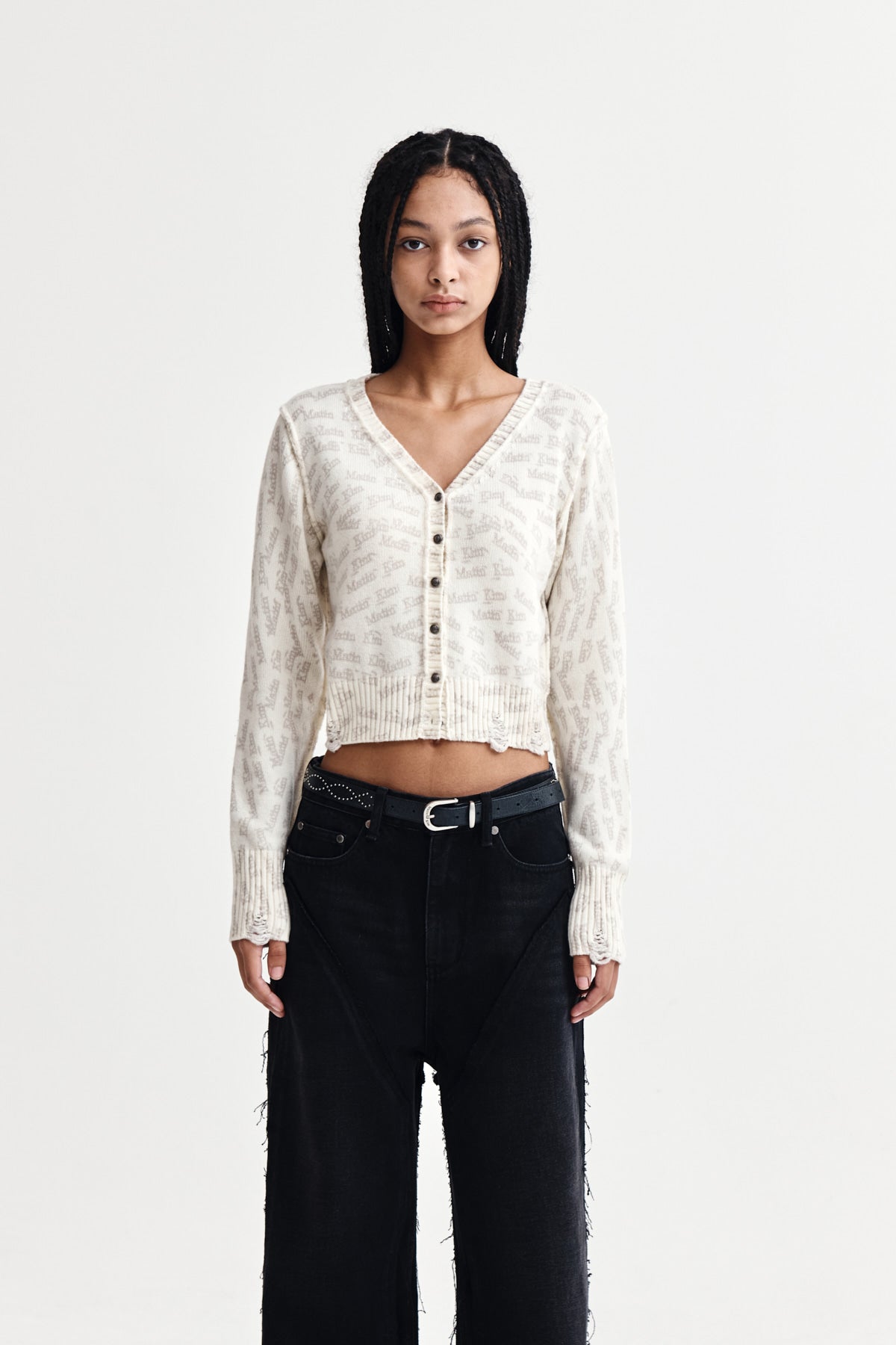 Matinkim Matin Kim All Over Logo Crop Cardigan IN Ivory