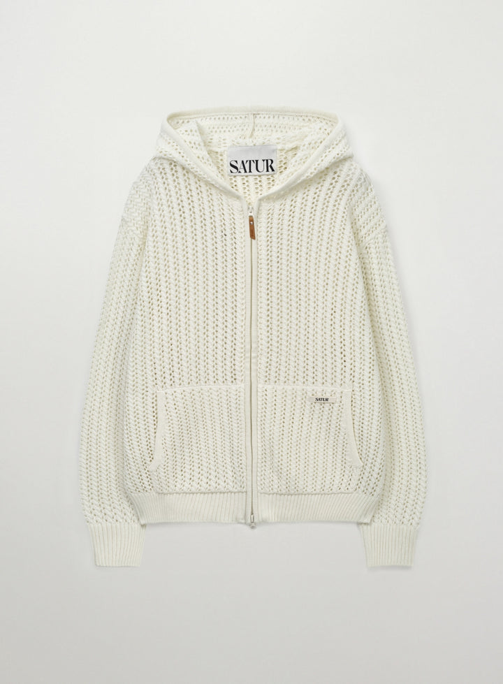 Satur Crochet Knit Hood Zip-up - Cream