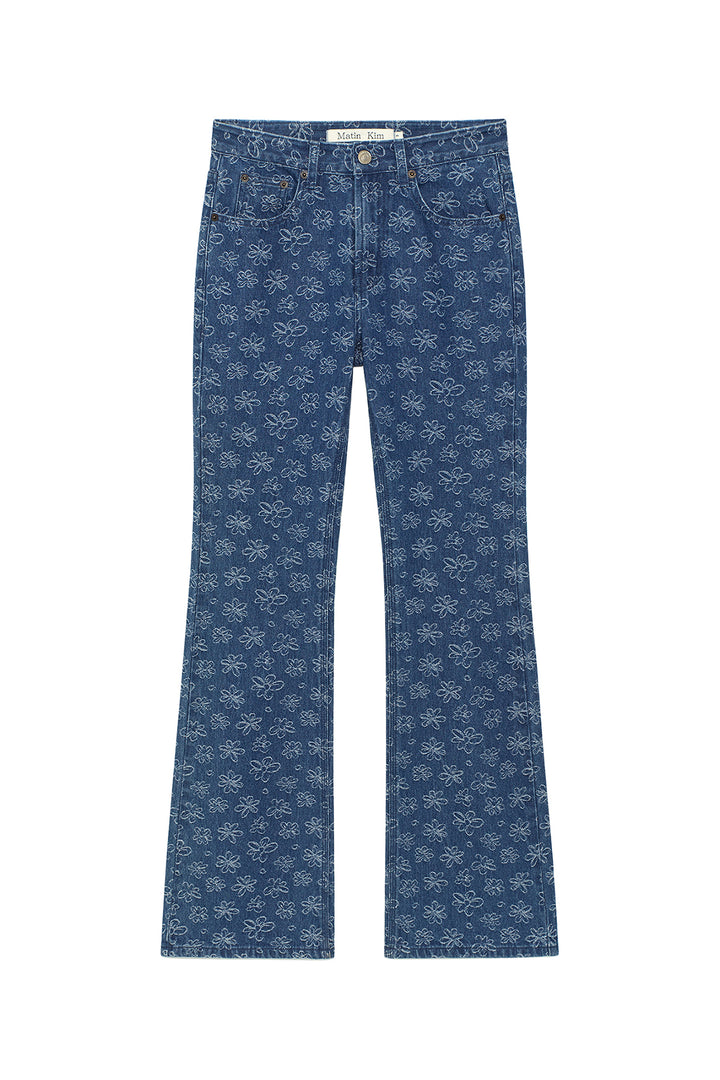 Matinkim Flower Pattern Flare Denim Pants IN Blue