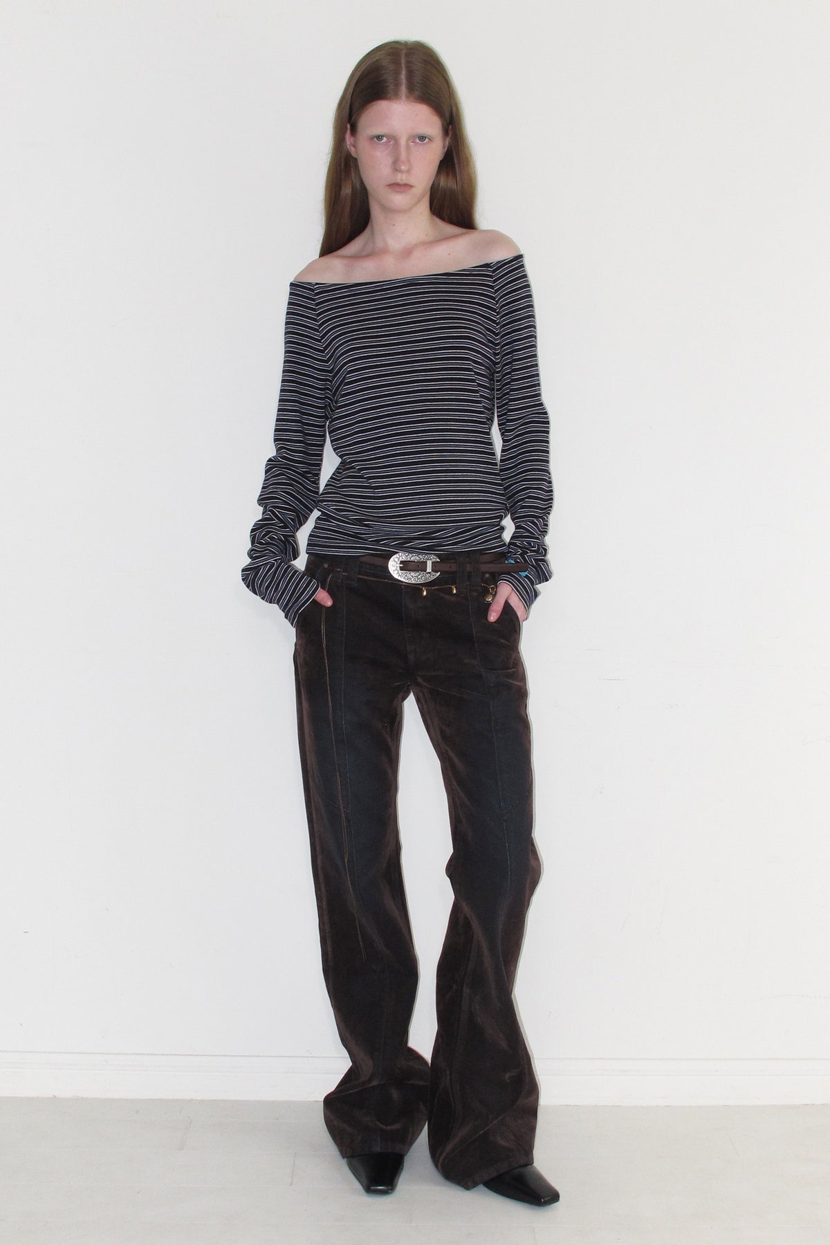 Instantfunk Stripe Off Shoulder Neck Tee - Navy