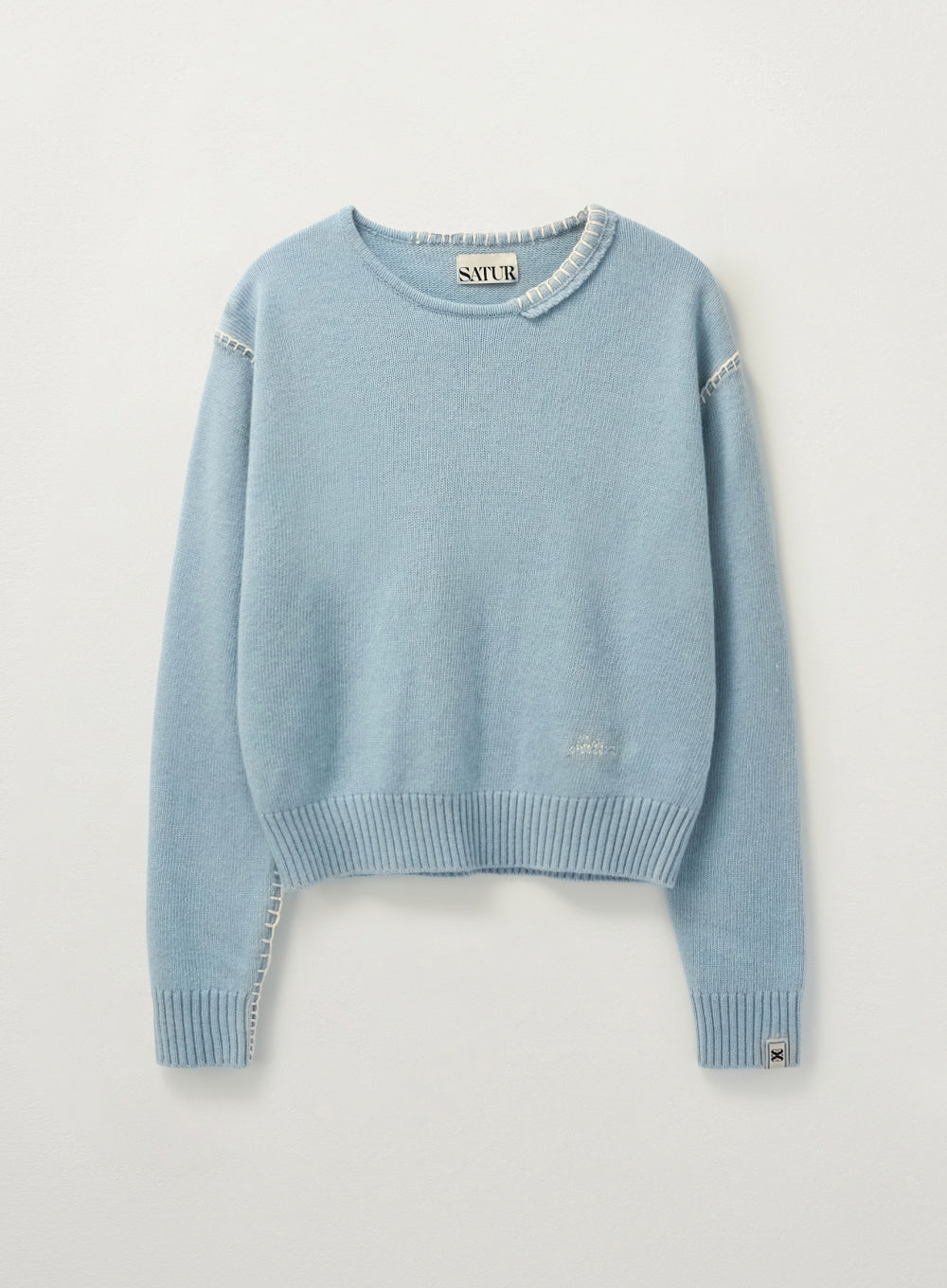 [satur] (W) Contrast Stitch Semi Crop Knit - Ice Blue