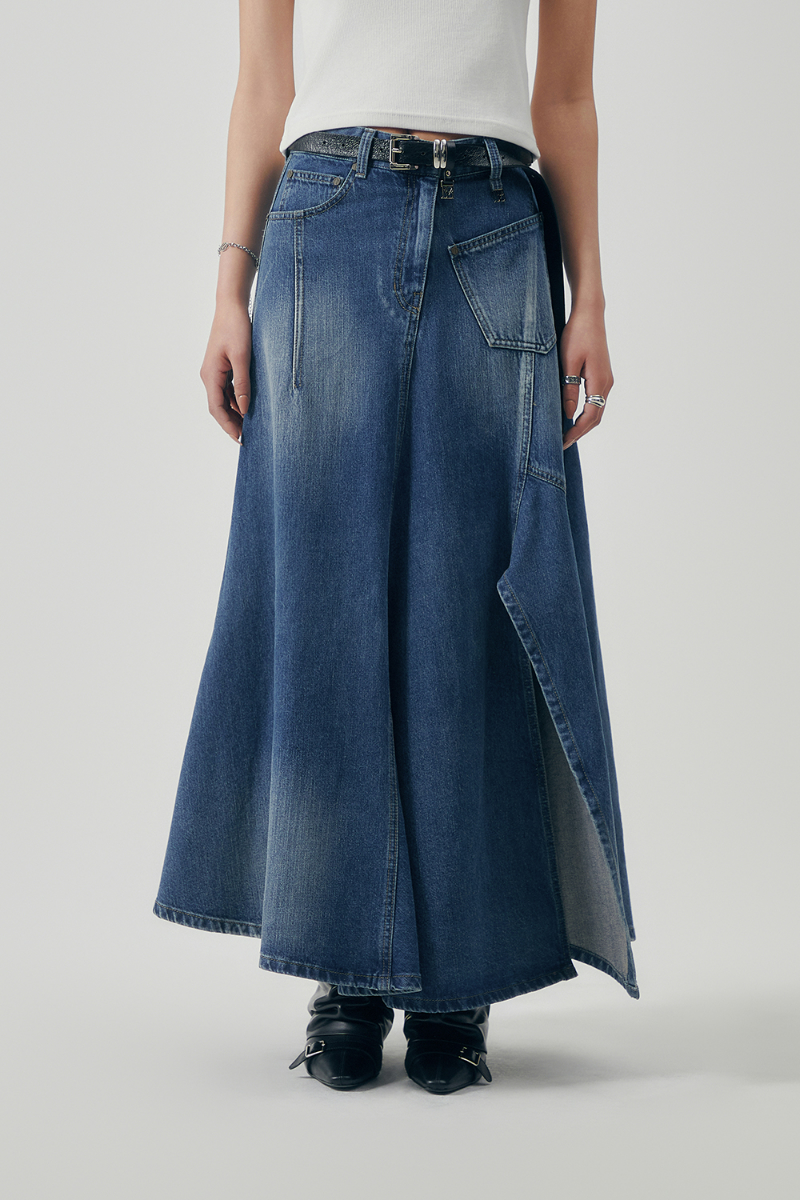 Treemingbird Panel Line Denim Flare Skirt Blue