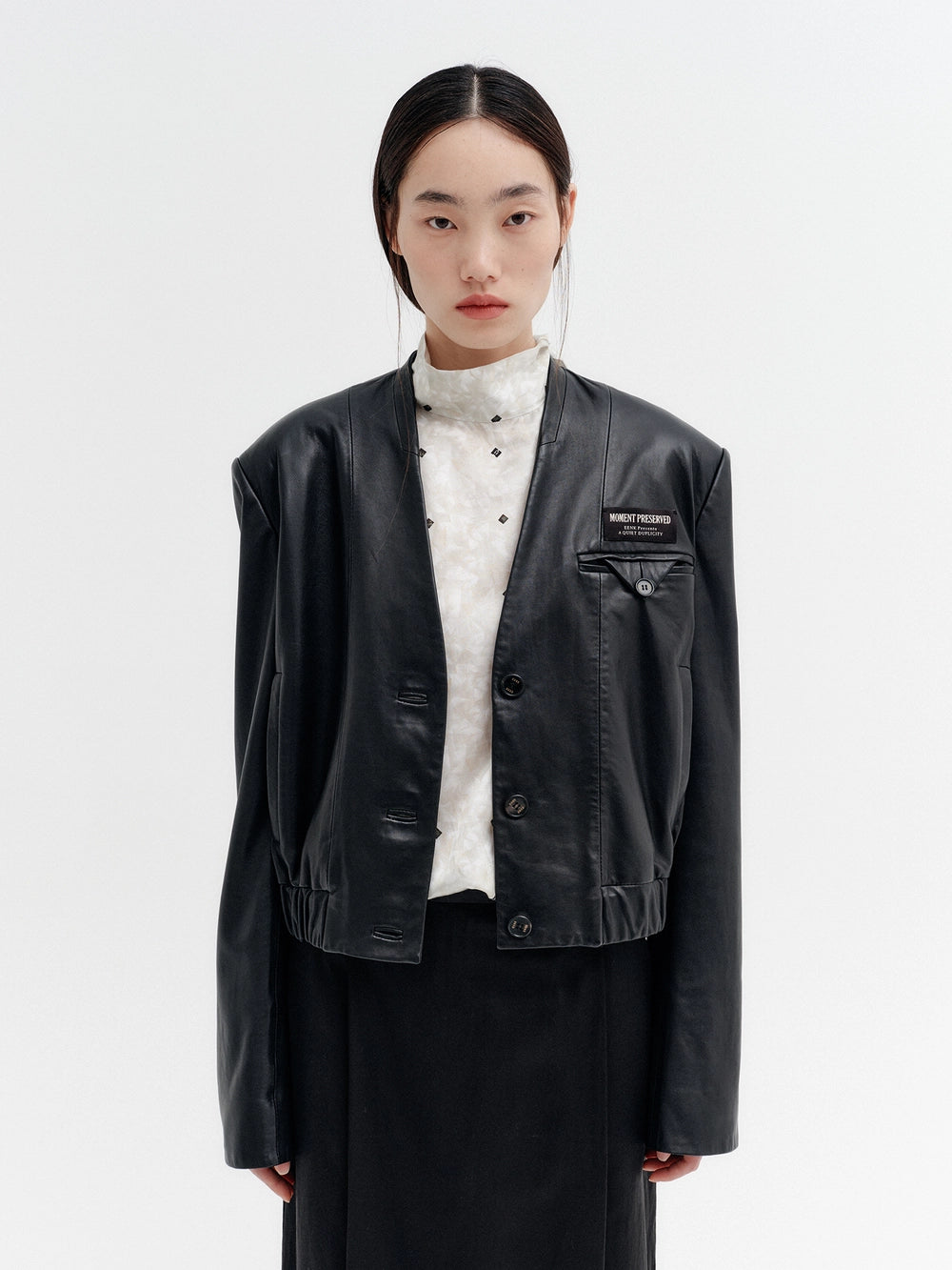 EENK Contrast Crop Leather Jacket - Black