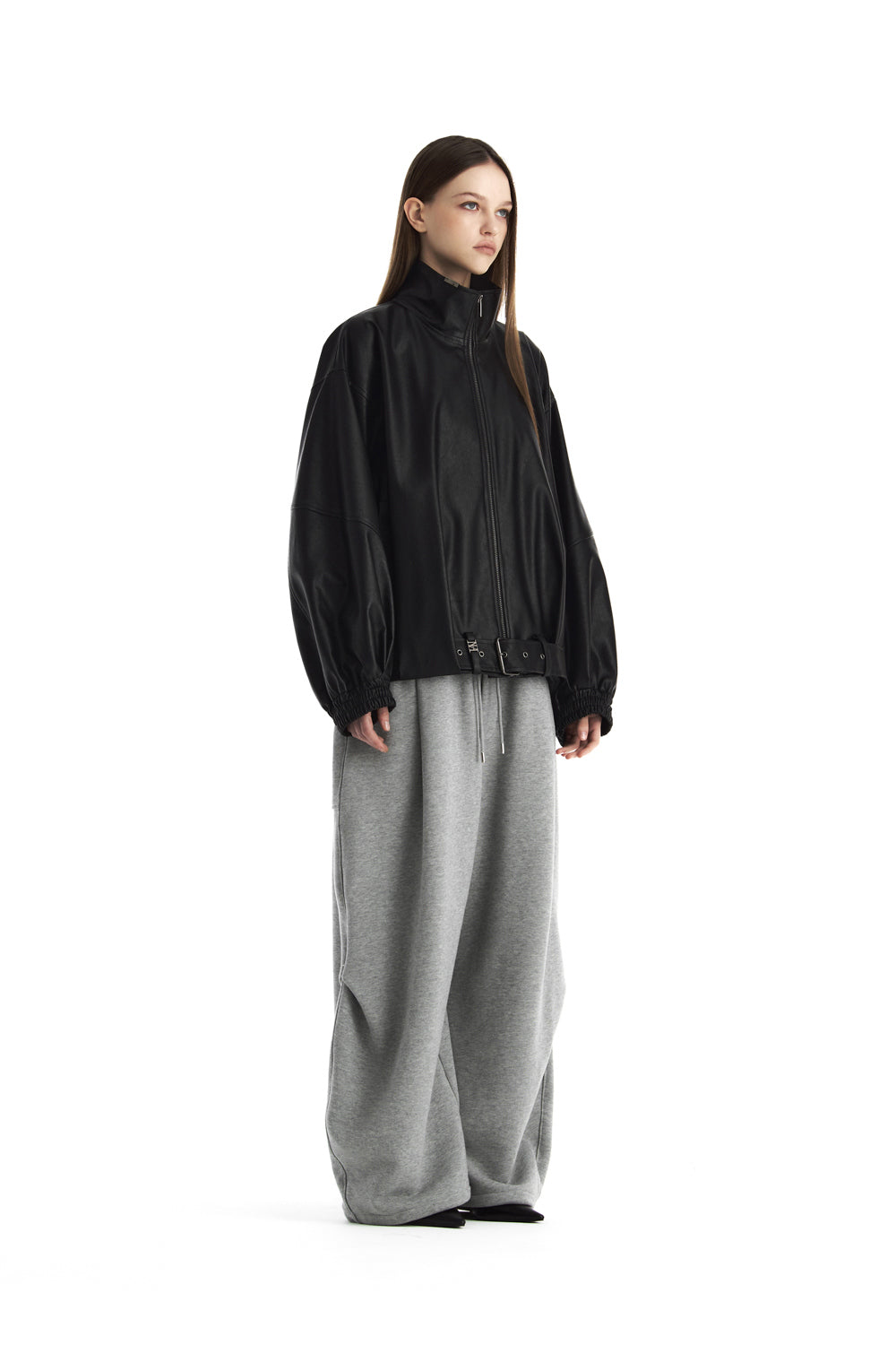 Treemingbird Belted Oversized Leather Blouson Black