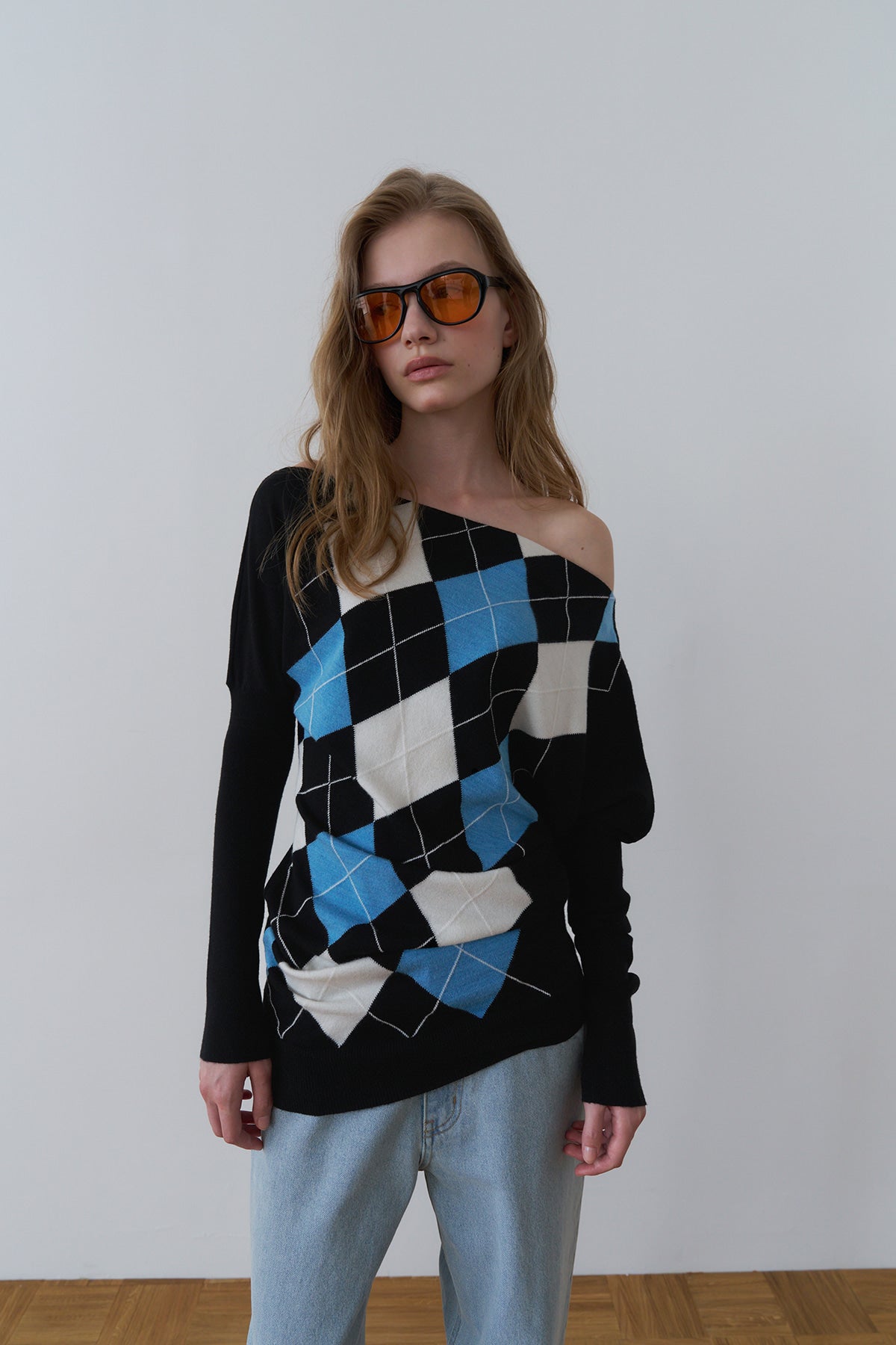 Overdueflair Asymmetric Drape Argyle Knit Mono Blue