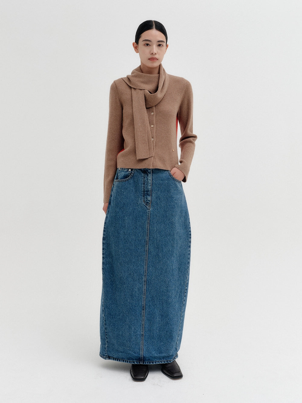 EENK Scarf Layered Knitwear Cardigan - Beige