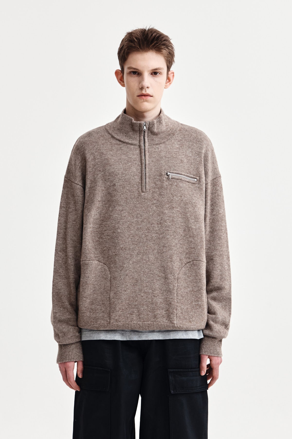 [matinkim] BACK LOGO HALF KNIT ZIP UP PULLOVER FOR MEN IN DARK BEIGE