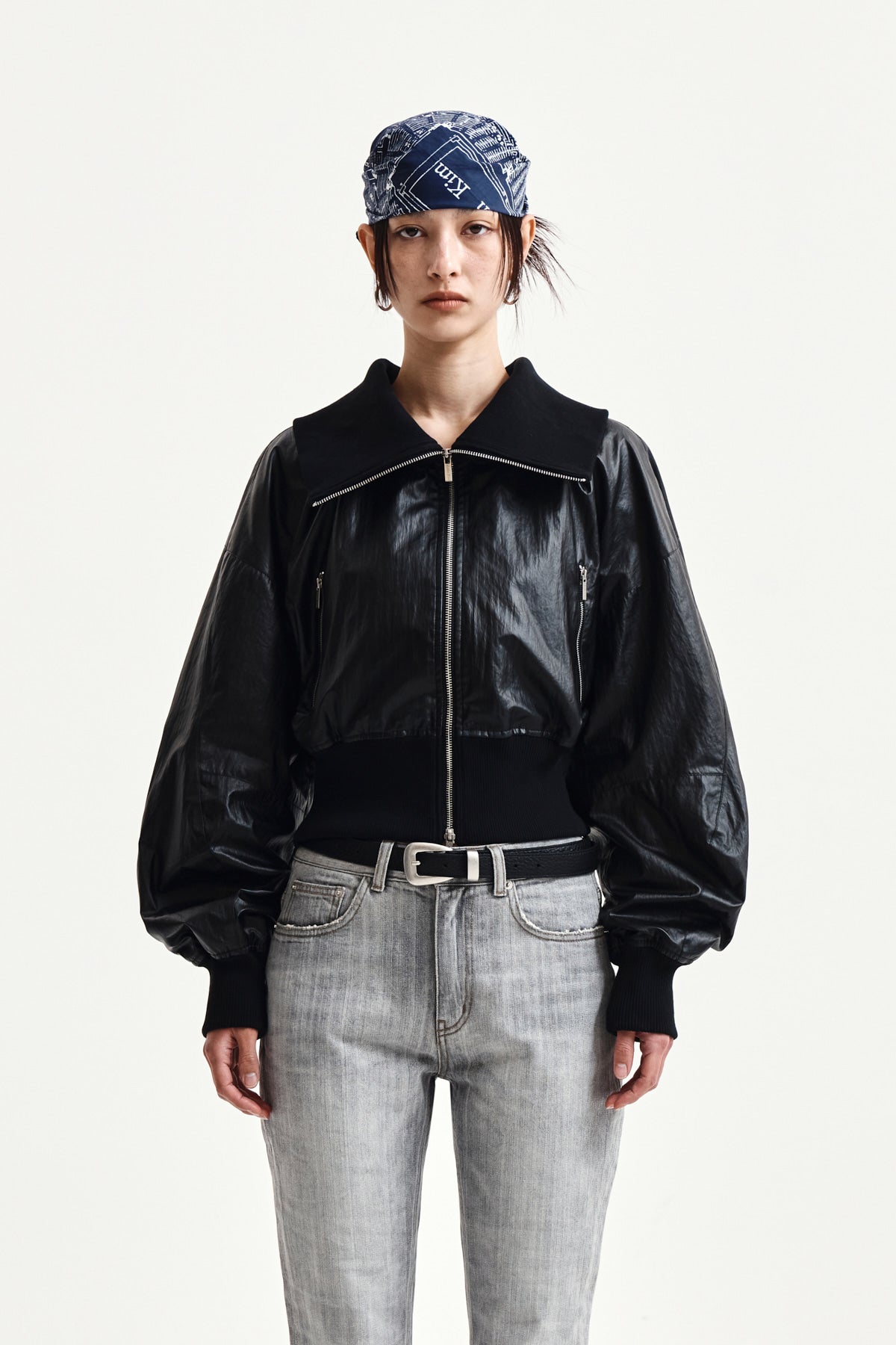 [matinkim] SHINE CRINKLE ZIP BLOUSON IN BLACK