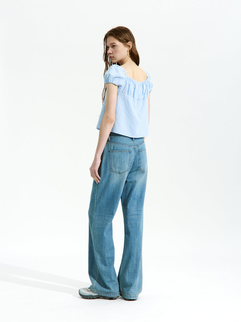 Low Classic Shirring Cotton Top Blue Check