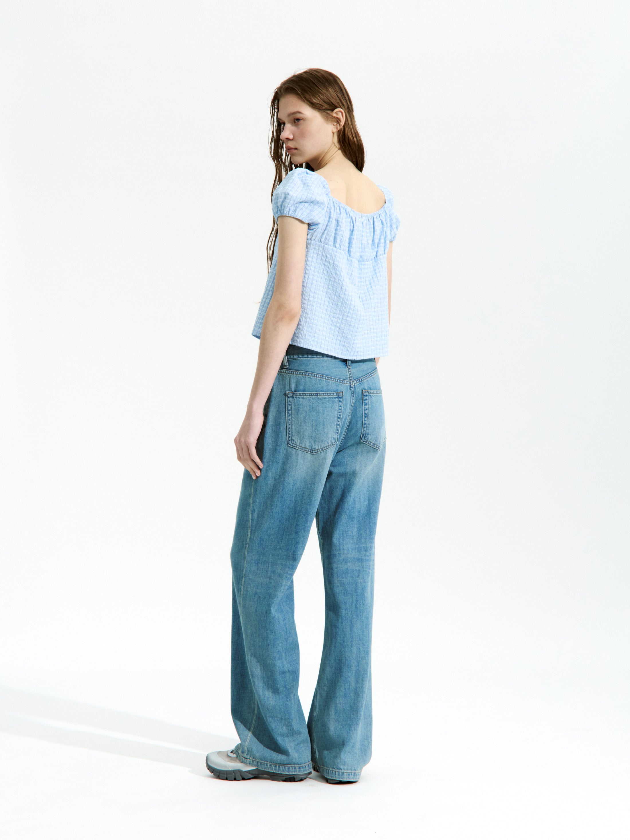 Low Classic Shirring Cotton Top Blue Check