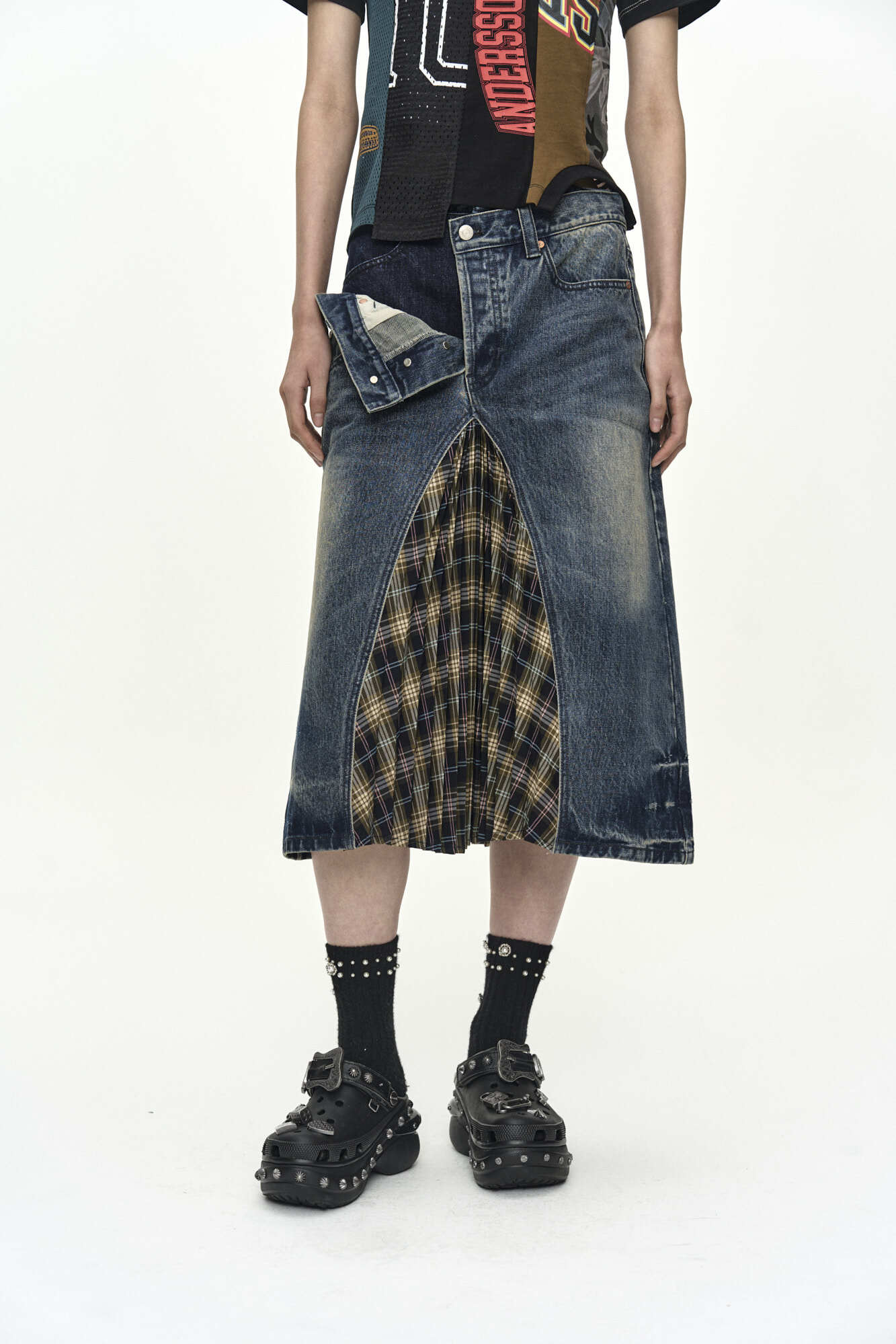 Andersson Bell Pleats Combo Flipped Denim Skirt