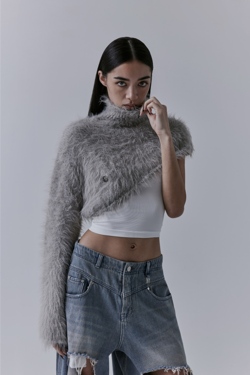 Treemingbird Unbalance High-neck Fur Knit Grey