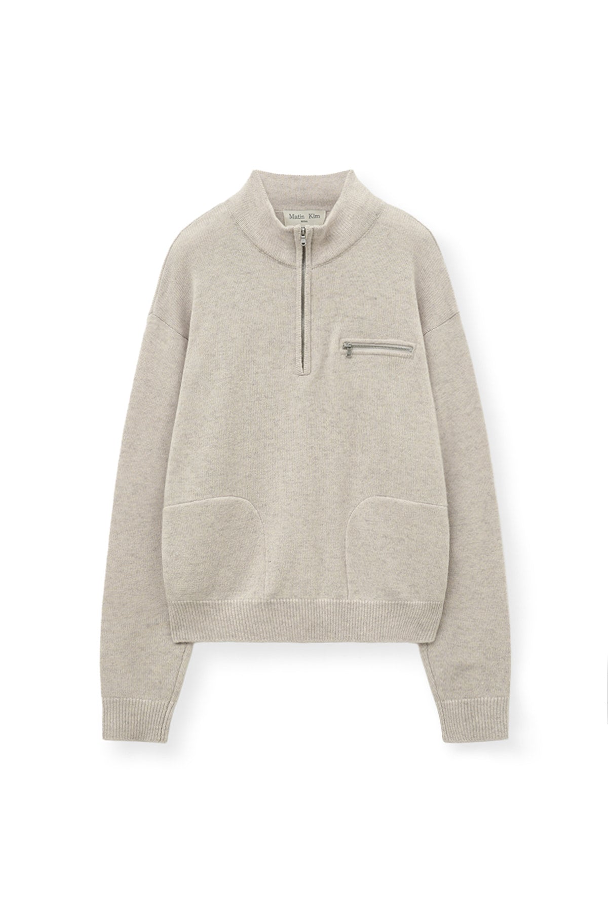 [matinkim] BACK LOGO HALF KNIT ZIP UP PULLOVER FOR WOMEN IN LIGHT BEIGE