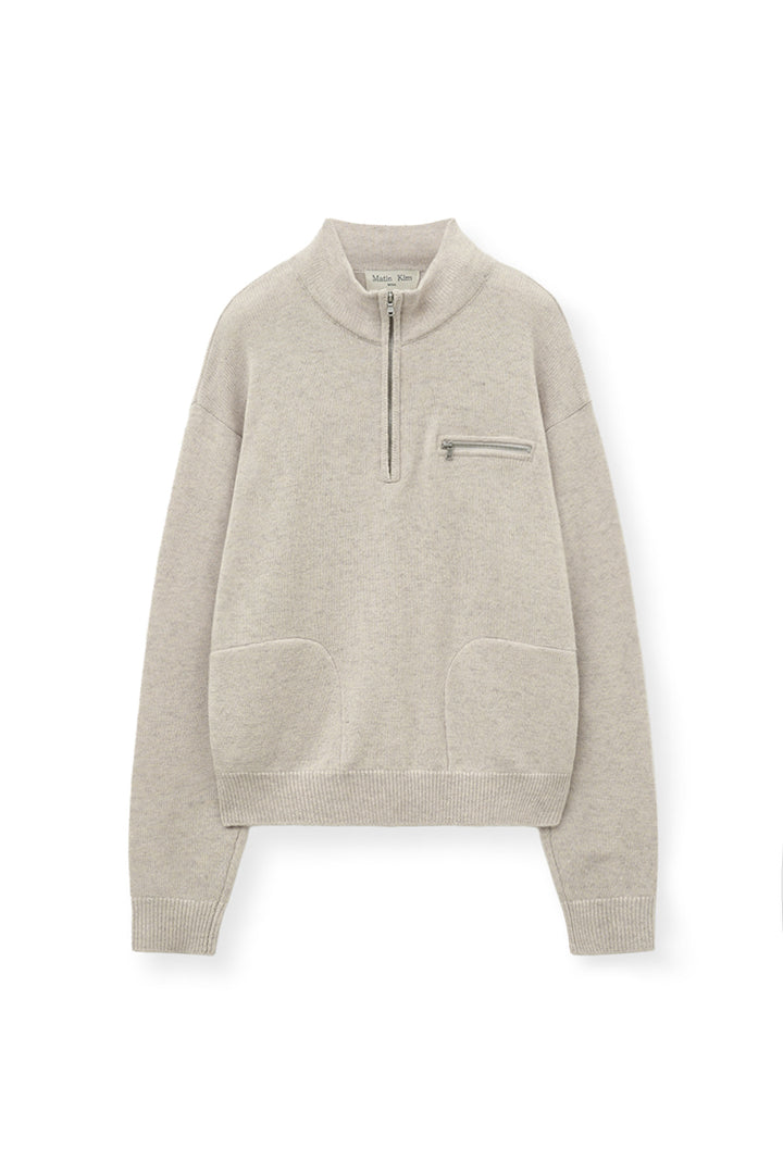 Matinkim Matin Kim Back Logo Half Knit Zip UP Pullover For Women IN Light Beige