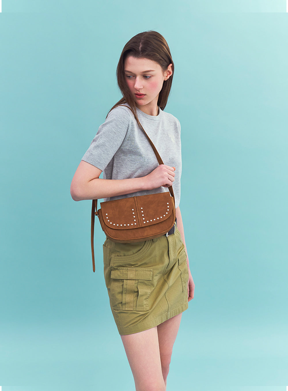 Satur Halfmoon Studded Mini Shoulder Bag - Camel