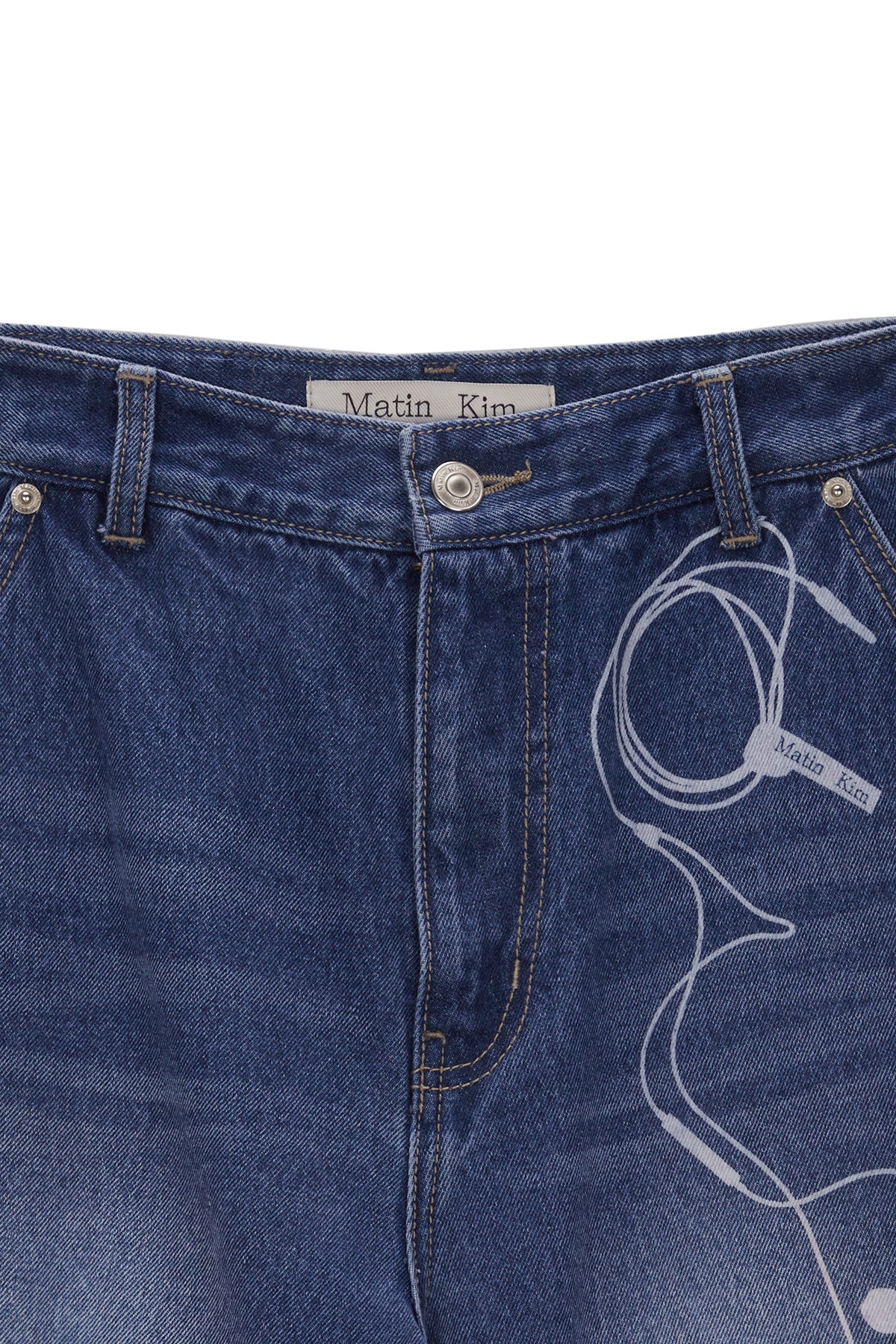 Matinkim Earphone Printed Denim Pants IN Blue