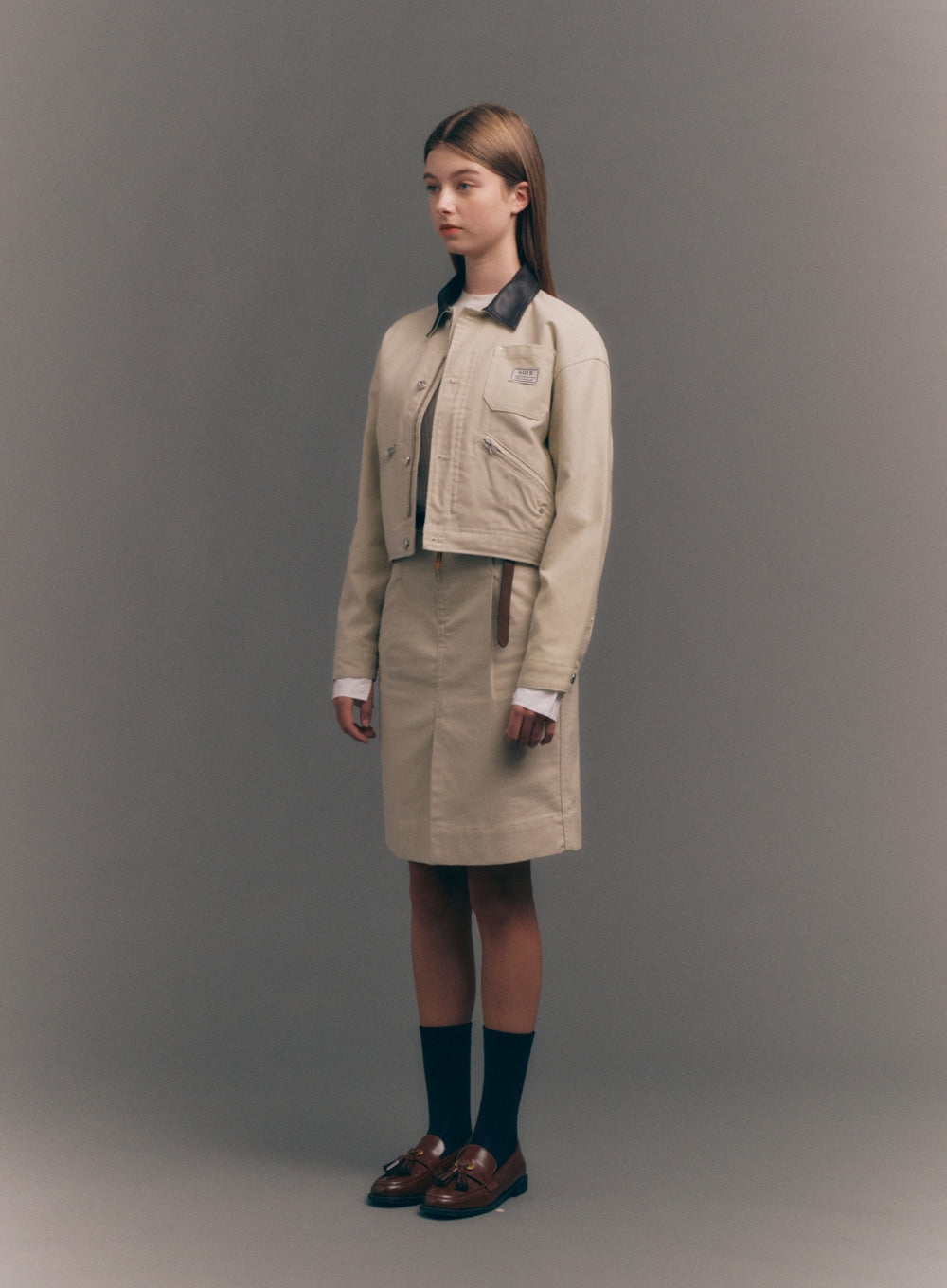 [satur] (W) Cotton Pencil Slit Skirt - Natural Beige