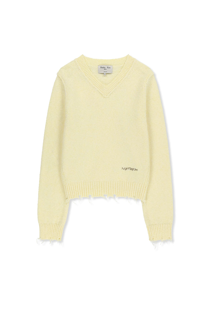 Matinkim Distressed Hem V Neck Knit Pullover IN Light Yellow