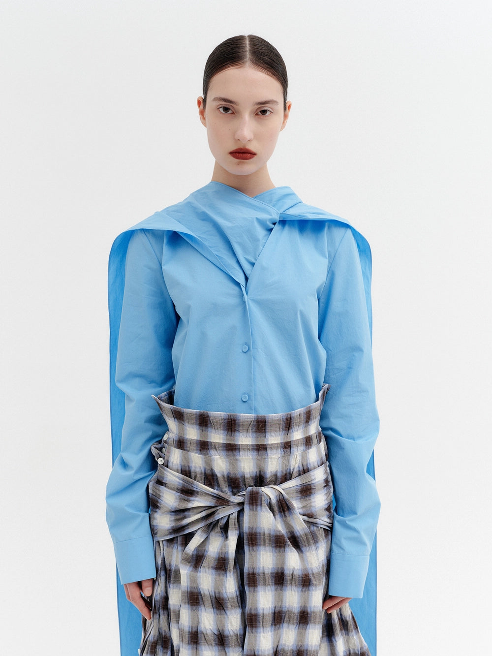 EENK Layered Scarf V-Neck Blouse - Blue