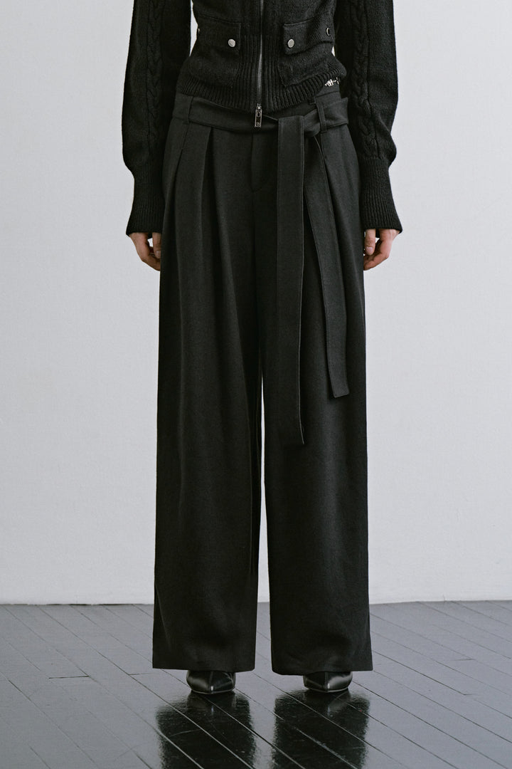Treemingbird Detachable Belt Pleated Slacks Black