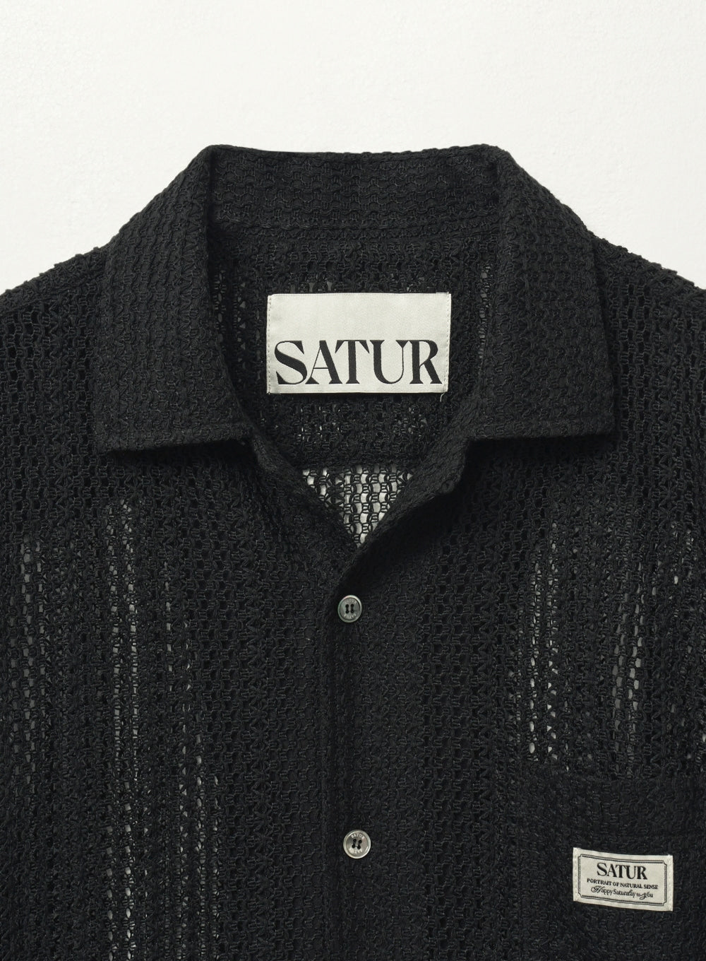 [satur] Crochet Open Collar Half Shirt - Black