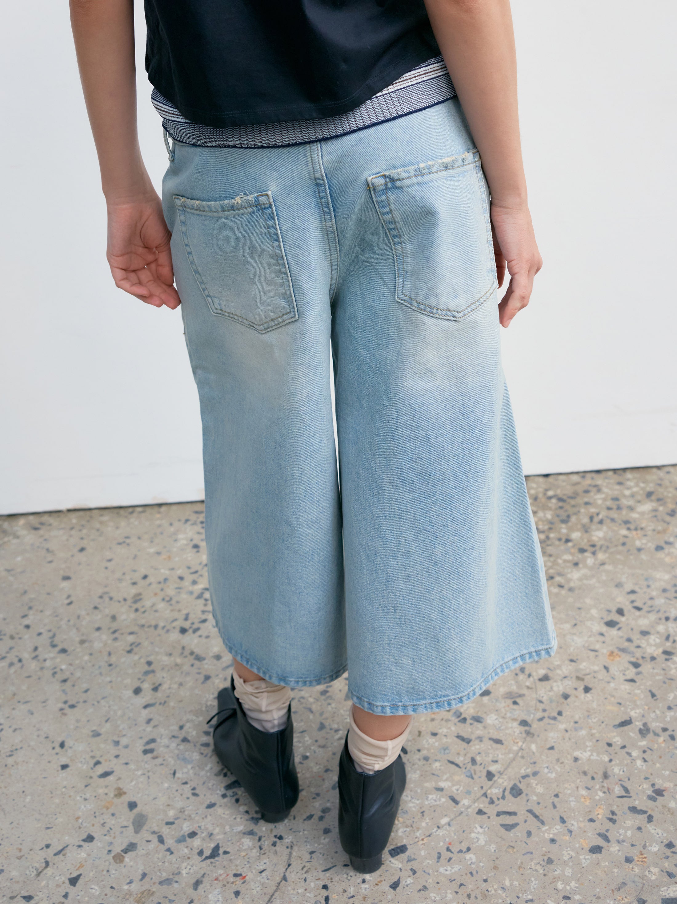 Low Classic Belted Denim Bermuda Pants in blue, showcasing authentic Korean designer fashion.