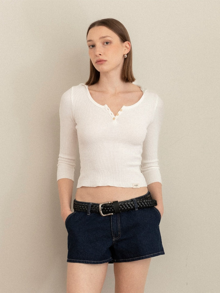 GLOWNY 3/4 G Waffle Button Fly Tee (White)