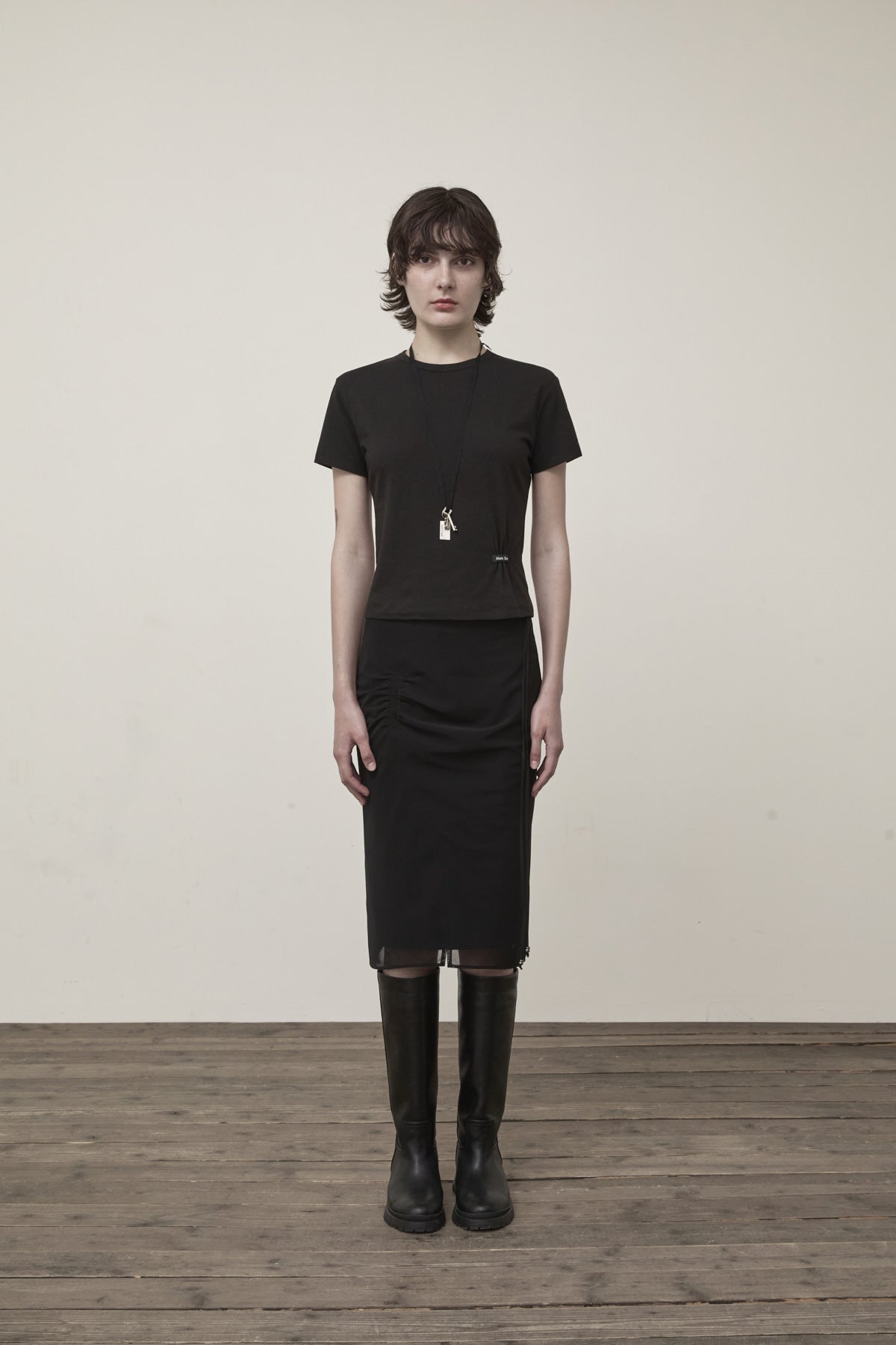 [matinkim] MINI LABEL SHIRRING TOP IN BLACK