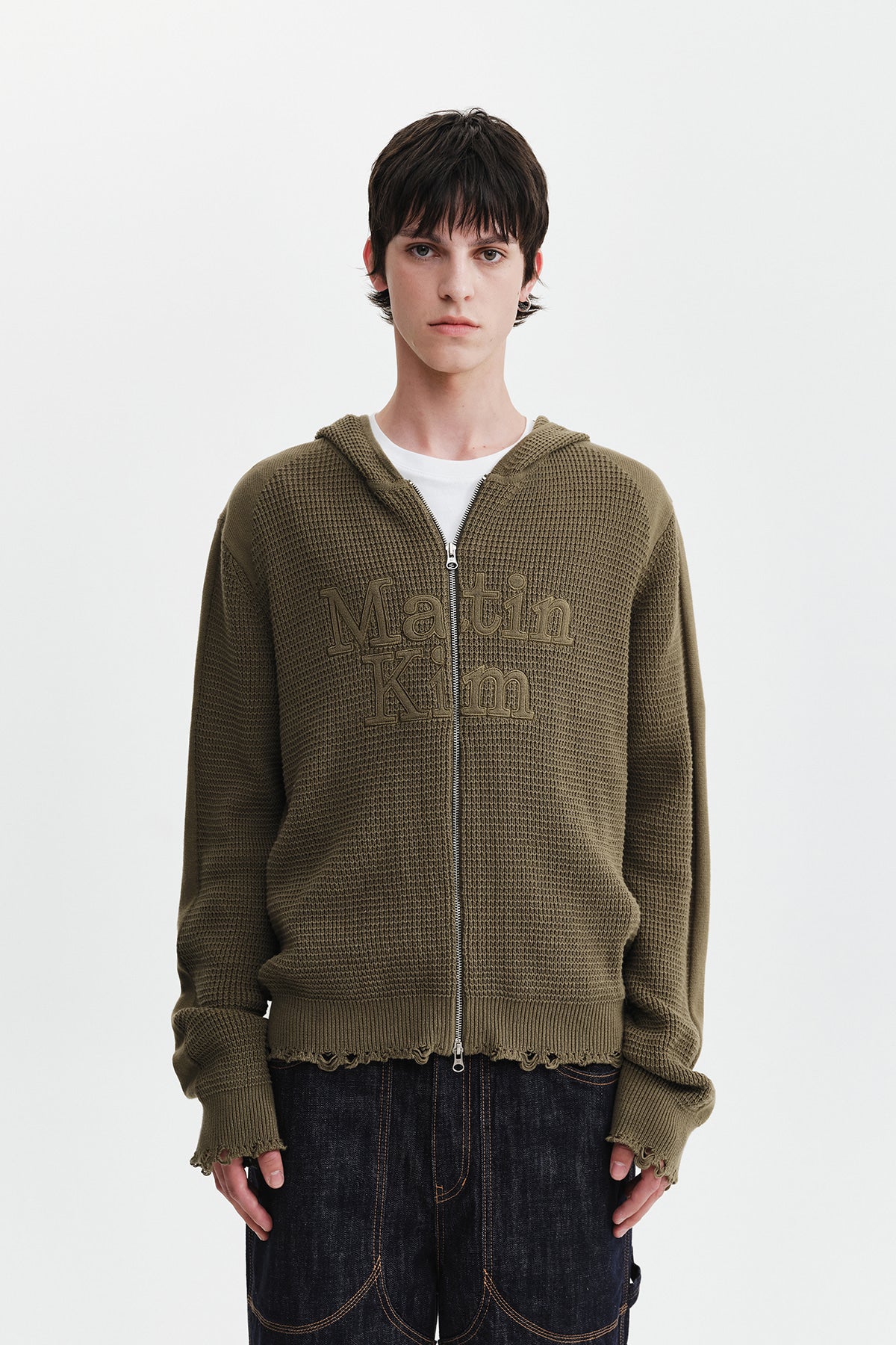 Matinkim Waffle Texture Hoody Knit Zip UP IN Khaki