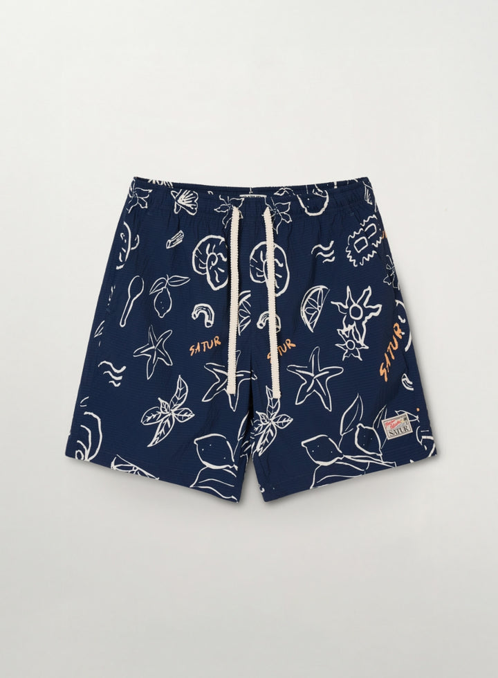 Satur Hand Drawing Graphic Swim Shorts - Navy